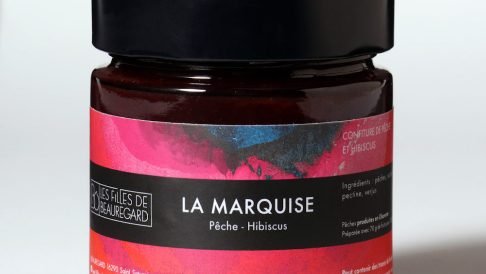 Confiture artisanale pêche hibiscus fabriquée en Charente